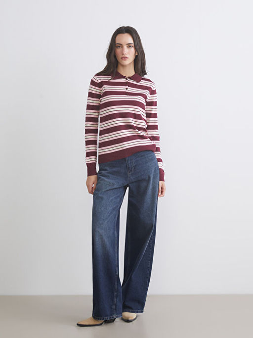 Polo Yaka ?izgili Kad?n Triko Kazak