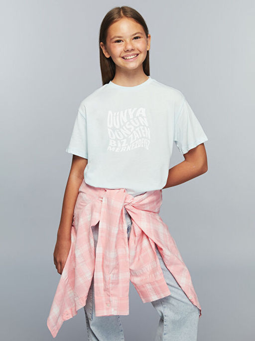 Bisiklet Yaka Slogan Bask?l? K?z ?ocuk Ti??rt