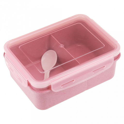 Ланч-бокс для продуктов пластмассовый Эко дом 17,5х13см h7см, 2 отделения 0,85л, с ложкой 13см, крышка прозрачная, с клипсами, с уплотнителем, цвета в ассортименте: бежевый, розовый, голубой (Китай) Пластик с добавлением пшеничных волокон. - Домашняя мода фото 2