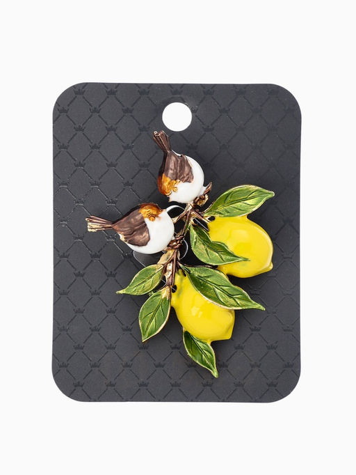 Брошь "Воробьи на ветке лимона", цветная в золоте