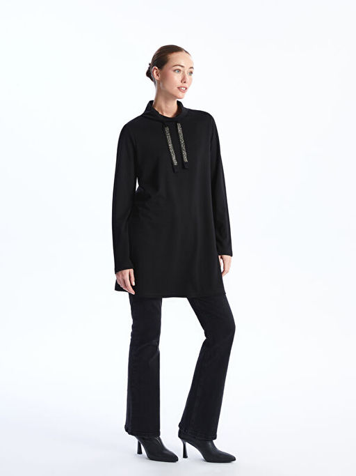 Dik Yaka Bask?l? Uzun Kollu Kad?n Tunik