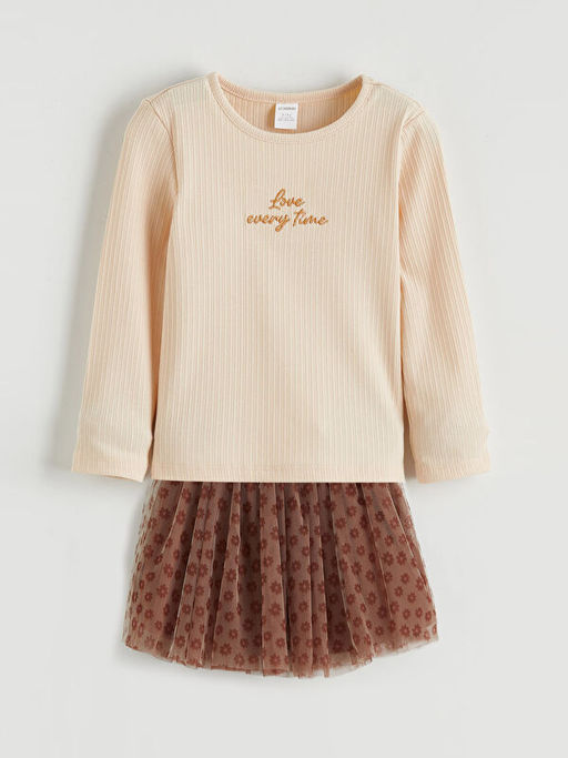 K?z ?ocuk Bask?l? Bluz ve Etek