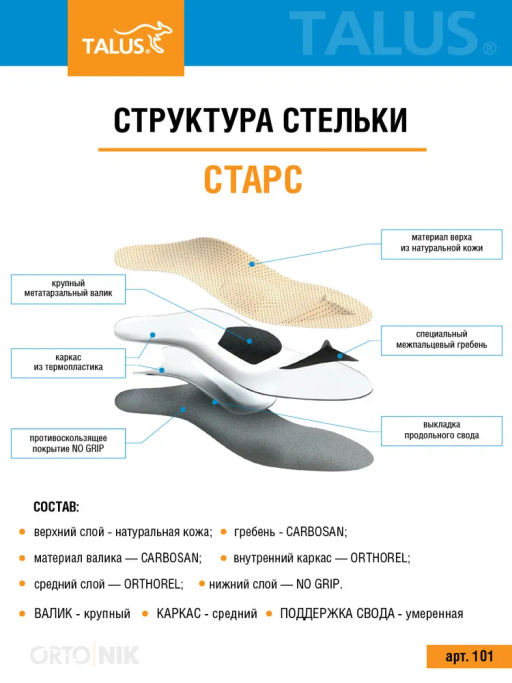 Каркасные ортопедические стельки для модельной обуви при плоскостопии Talus 101 "старс"