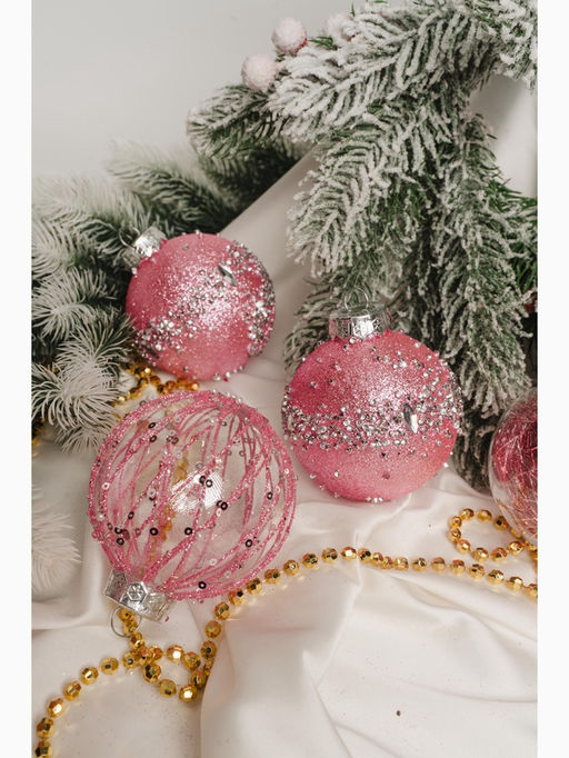 Ёлочные игрушки Жаклин, шары новогодние, d=8 см, набор 6 шт., розовый - Зимнее волшебство фото 3