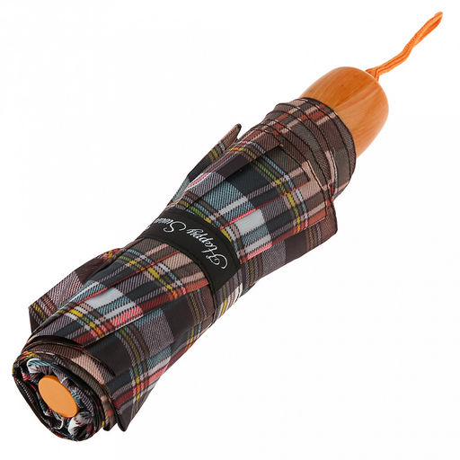 Зонт механический Шотландка плащевка, 8 лучей, д/купола 94см, 3 сложения, 24см в сложенном виде, пластмассовая ручка, коричневые тона, 210гр (Китай) - Домашняя мода фото 4