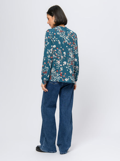 Блуза бирюзового цвета с принтом с длинными рукавами и декоративными элементами - 1001dress фото 3