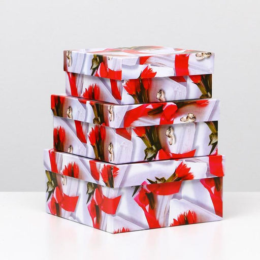 Набор коробок 3 в 1 "Свадьба кольца и красная лента", 19 х 19 х 9,5 - 15,5 х 15,5 х 6,5 см