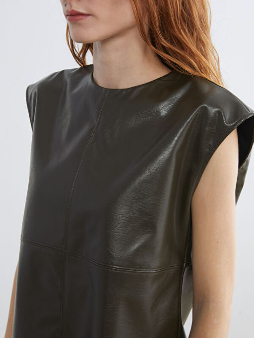 Bisiklet Yaka Deri G?r?n?ml? Bluz