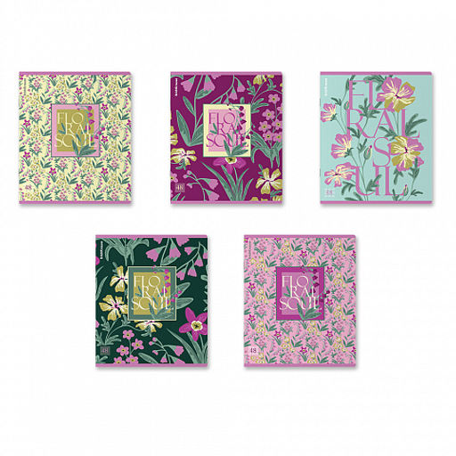 Цена за 5 шт. Тетрадь общая ученическая ErichKrause Floral Soul, 48 листов, клетка, ламинация soft-touch+выборочный УФ-лак_MIX-PACK  фото 2