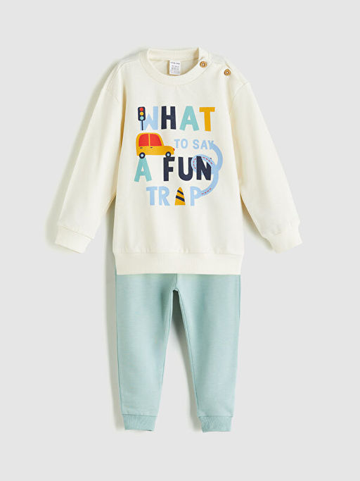 Bisiklet Yaka Bask?l? Erkek Bebek Sweatshirt ve E?ofman Alt 2li