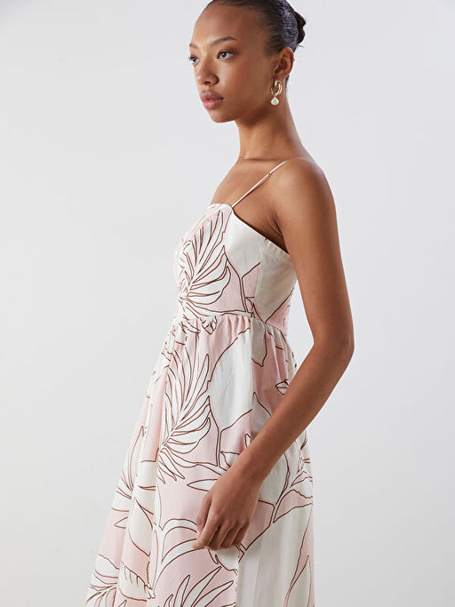 Kare Yaka ?i?ekli Poplin Elbise