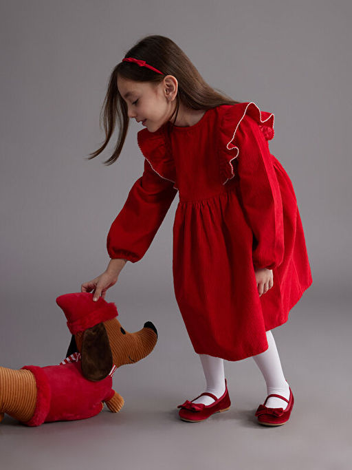 Bisiklet Yaka Kadife K?z ?ocuk Elbise