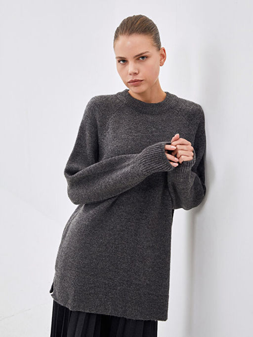 Bisiklet Yaka D?z Uzun Kollu Kad?n Triko Tunik