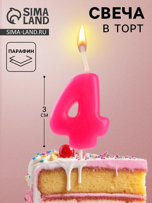 Цена за 4 шт. Свеча для торта «Неоновая», цифра 4, розовая