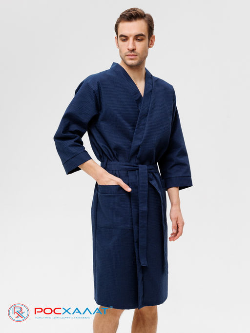 Мужской укороченный вафельный халат с планкой темно-синий В-05 (28) - Росхалат фото 3