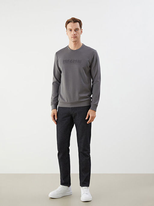 Bisiklet Yaka Uzun Kollu Bask?l? Erkek Sweatshirt