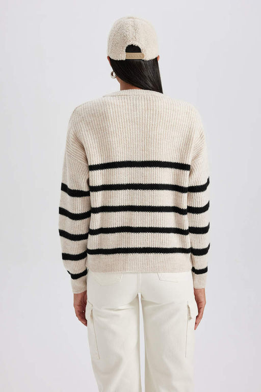 Полосатый кардиган стандартного кроя с круглым вырезом из ткани Selanik - Defacto фото 7