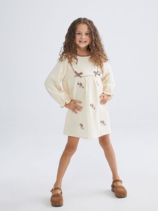 Bisiklet Yaka ?i?ekli M?slin K?z ?ocuk Elbise