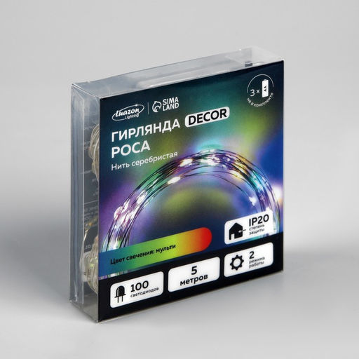 Гирлянда Нить 5 м роса, IP20, серебристая нить, 100 LED, 2 режима, батарейки AAх3 (не в комплекте), свечение мульти - Luazon lighting фото 4