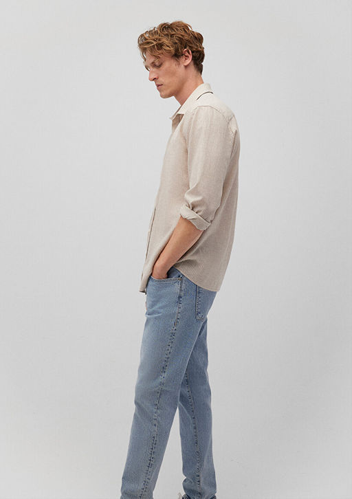 Cizgili Bej Gomlek - Mavi фото 2