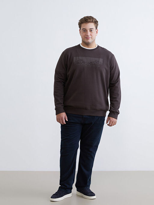 B?y?k Beden Bisiklet Yaka Bask?l? Erkek Kal?n Sweatshirt