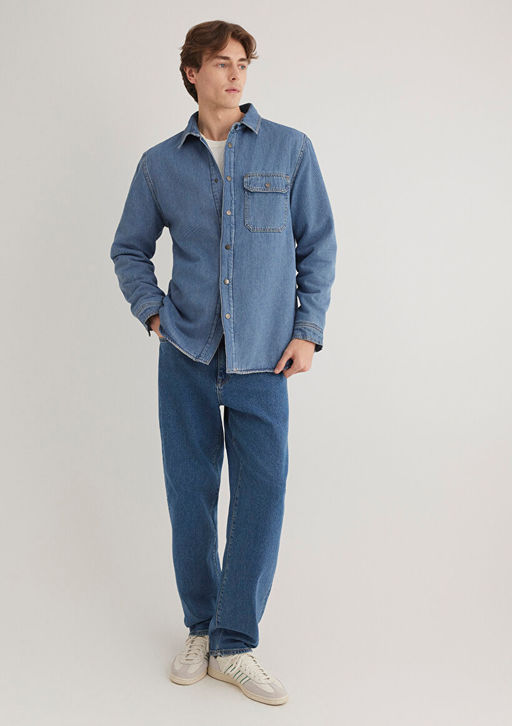 Jeremy Classic Denim Suni Kurklu Indigo Mavisi Jean Gomlek  фото 2