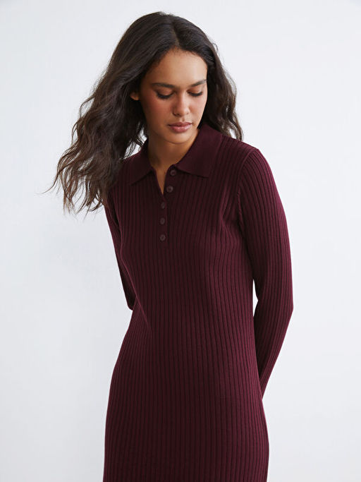 Polo Yaka Fitilli Triko Elbise