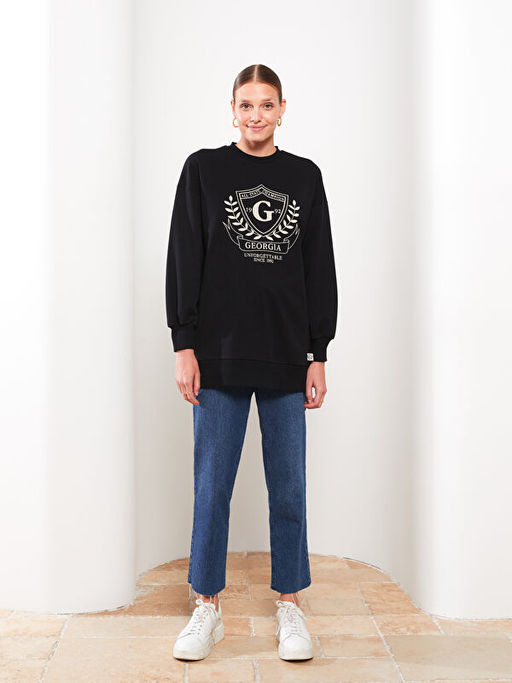 Bisiklet Yaka Bask?l? Uzun Kollu Kad?n Sweatshirt Tunik