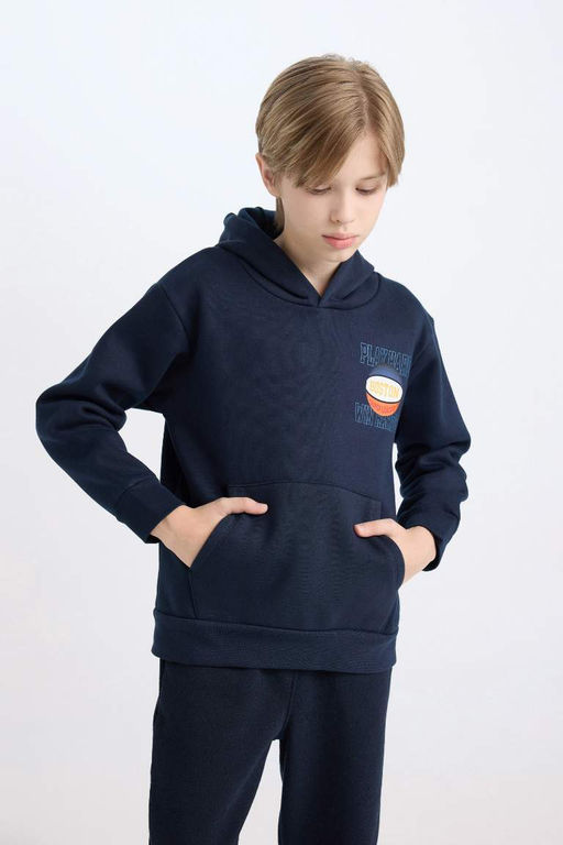 Темно-синий толстый свитшот обычного кроя с капюшоном и принтом на спине для мальчиков - Defacto фото 3