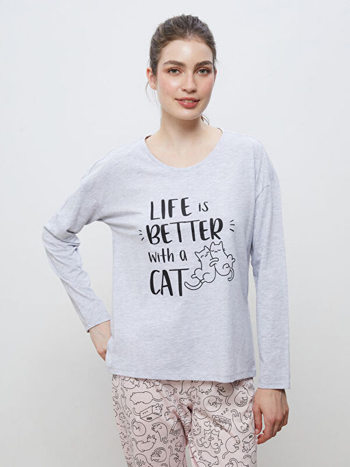 Bisiklet Yaka Bask?l? Kad?n Pijama Tak?m?