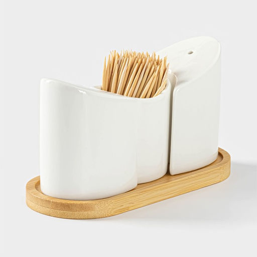 Набор для специй BellaTenero, солонка 60 мл, перечница 60 мл, ёмкость для зубочисток, на бамбуковой подставке, фарфор, белый фото 5