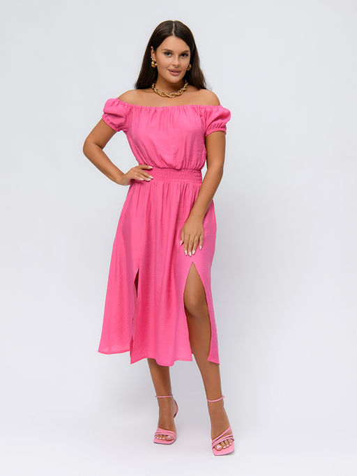 Платье розовое длины миди с открытыми плечами и разрезом на юбке - 1001dress фото 2