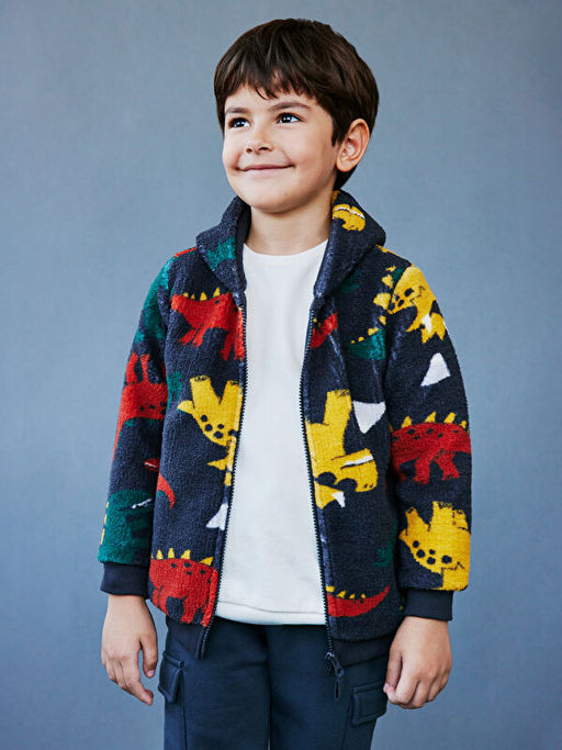 Kap??onlu Bask?l? Erkek ?ocuk Fermuarl? Sweatshirt