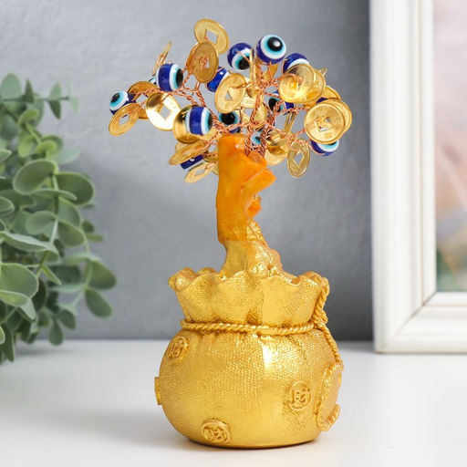 Бонсай декоративный «Денежное дерево в золотом мешке», 16 глазиков, 32 монеты, 15×6.5×6 см