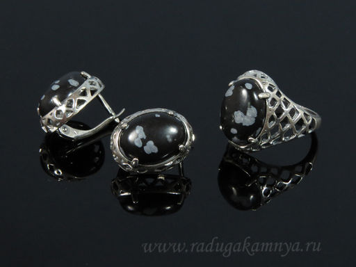 Кольцо Серьги с обсидианом размер 18