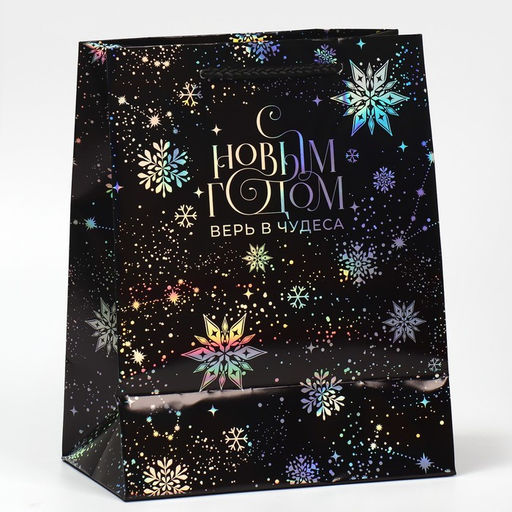 Пакет новогодний подарочный голографический «Танец снежинок», 18 х 23 х 10 см