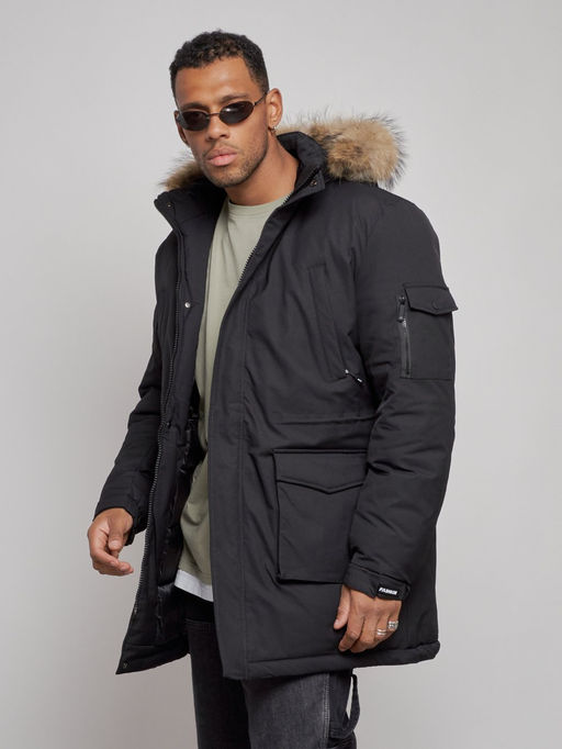 Парка мужская зимняя удлиненная с мехом черного цвета 8318Ch - Wonderrman фото 9
