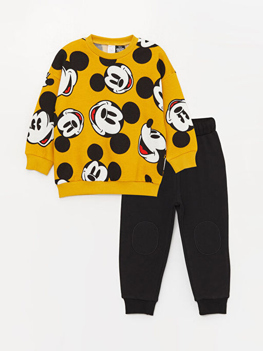 Bisiklet Yaka Mickey Mouse Bask?l? Erkek Bebek Pantolon ve Sweatshirt Tak?m 2li