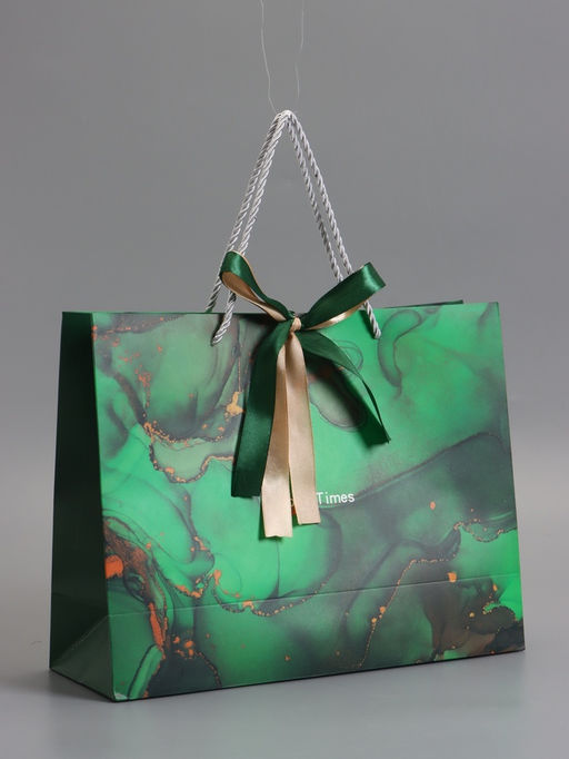 Пакет подарочный ламинированный «Мрамор», зеленый с бантиком, 32×25×11 см