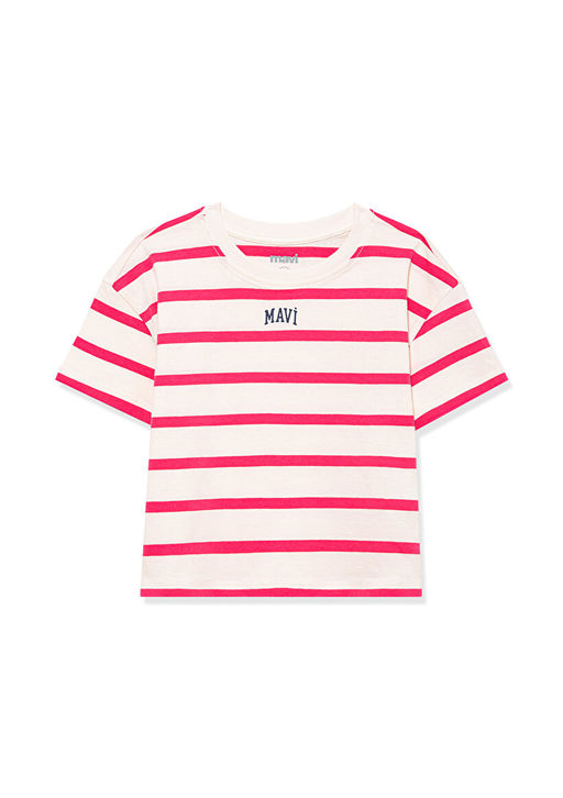 Mavi Logo Bask?l? Pembe ?izgili Crop Ti??rt