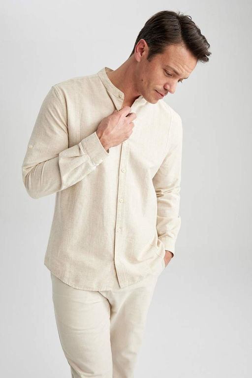 Рубашка из смесового льна с длинным рукавом и воротником Modern Fit - Defacto фото 4
