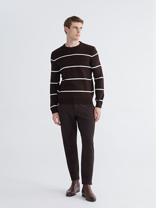 Bisiklet Yaka Uzun Kollu ?izgili Erkek Triko Kazak