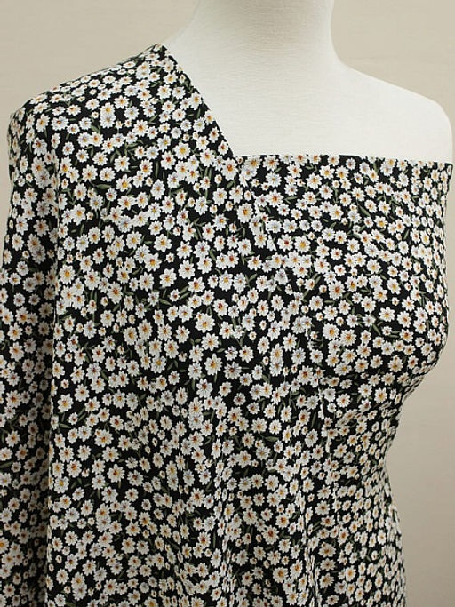 Штапель Цветочная россыпь на черном (оливковые листочки), ш.1.45м, вискоза-100%, 100гр/м.кв - Купава фото 2