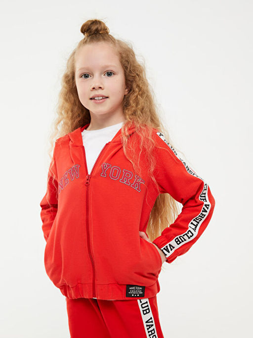 Kap??onlu Bask?l? Uzun Kollu K?z ?ocuk Fermuarl? Sweatshirt