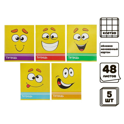 Комплект тетрадей из 5 шт, 48 листов, клетка, Смайлики, обложка мелованный картон, блок офсет - Calligrata фото 3