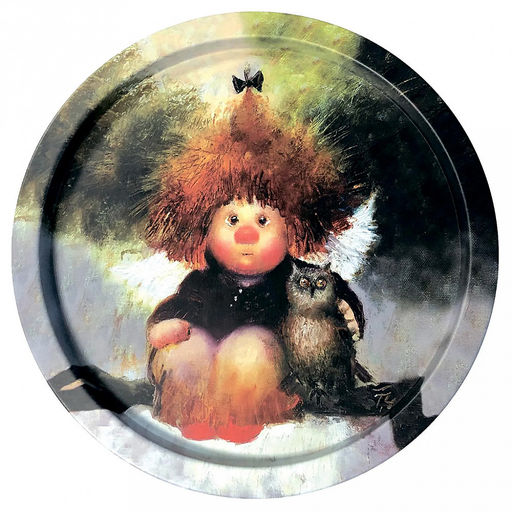 Поднос металлический "Два совенка" д28,2см, круглый (Россия)