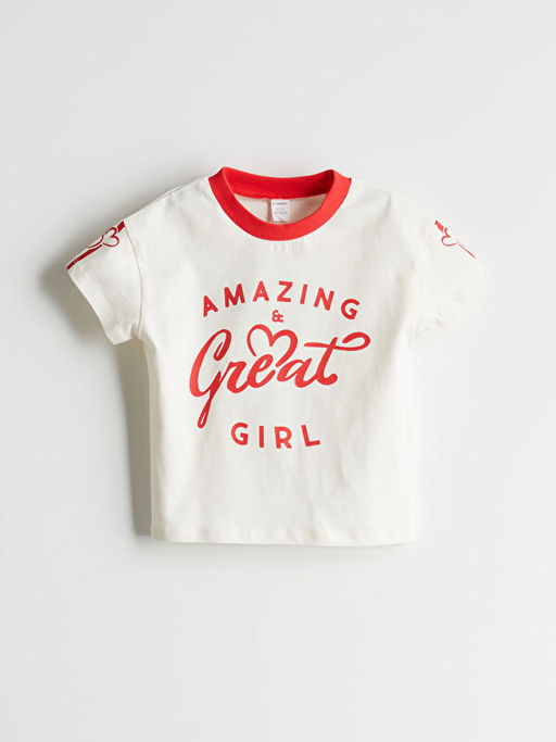 Bisiklet Yaka Yaz? Bask?l? K?z ?ocuk Ti??rt