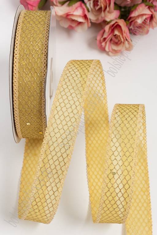 Лента с сеточкой и блестками 2,5 см*20 ярд (SF-3482) золотой