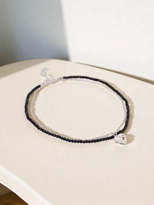 Колье из бисера «Сердце», двойной ряд, чёрно-белое в серебре