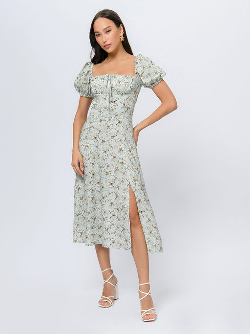 Платье серо-голубого цвета с принтом длины миди со сборкой на лифе и короткими рукавами - 1001dress фото 3